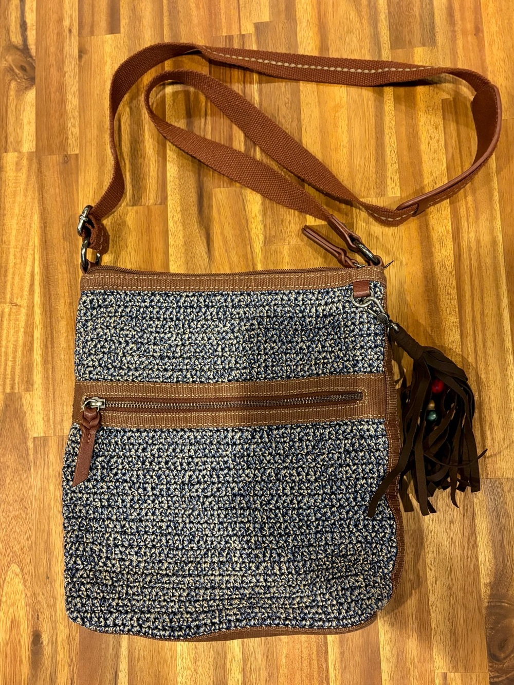 The Sak Lucia Crossbody Purse Boho Crocheted Bag in Blue and Brown Leather